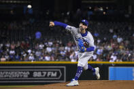 Los Angeles Dodgers pitcher Tony Gonsolin throws against the Arizona Diamondbacks in the first inning of a baseball game, Friday, Sept. 24, 2021, in Phoenix. (AP Photo/Rick Scuteri)