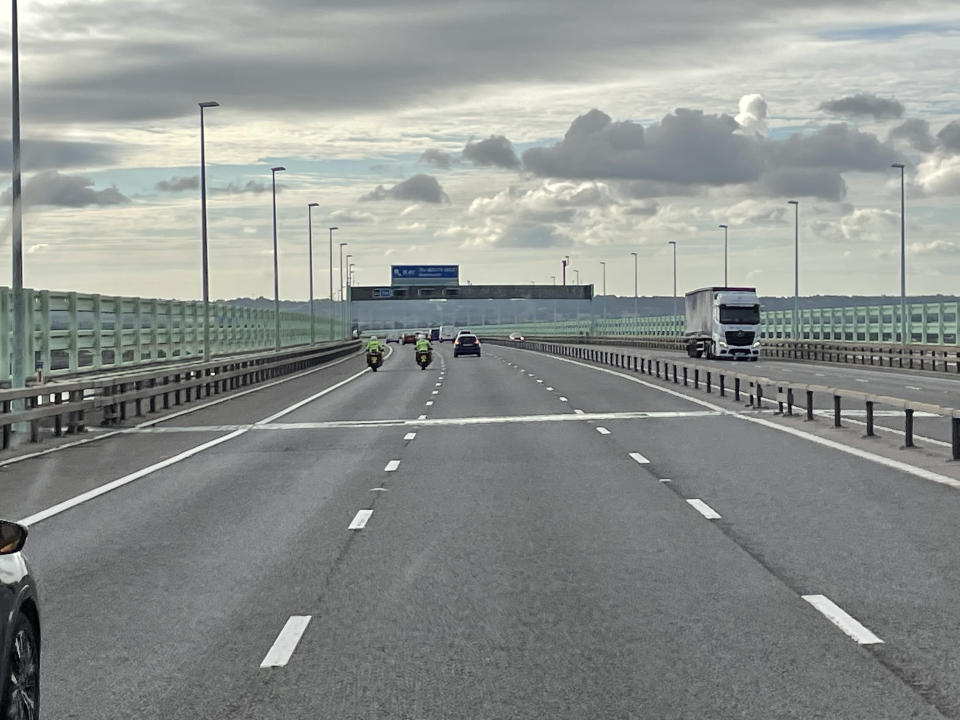 A near-empty Prince of Wales Bridge, which runs between England and Wales, as seen from the cab of a vehicle taking part in a go-slow protest on the M4. Police have warned of 