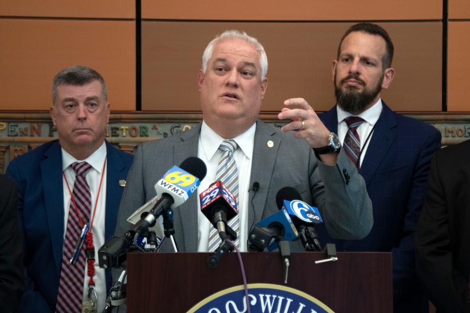 Bucks County District Attorney Matt Weintraub talks at a press conference regarding homicide and related charges against Stephen Capaldi, 57, in the murder of his wife Elizabeth “Beth” Capaldi. The husband has been charged with strangling her to death, dismembering her and burying parts of her body near Philadelphia International Airport. 