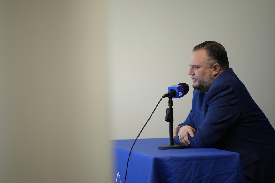 Philadelphia 76ers' Daryl Morey speaks during a news conference at the NBA basketball team's training facility, Wednesday, May 17, 2023, in Camden, N.J. (AP Photo/Matt Slocum)