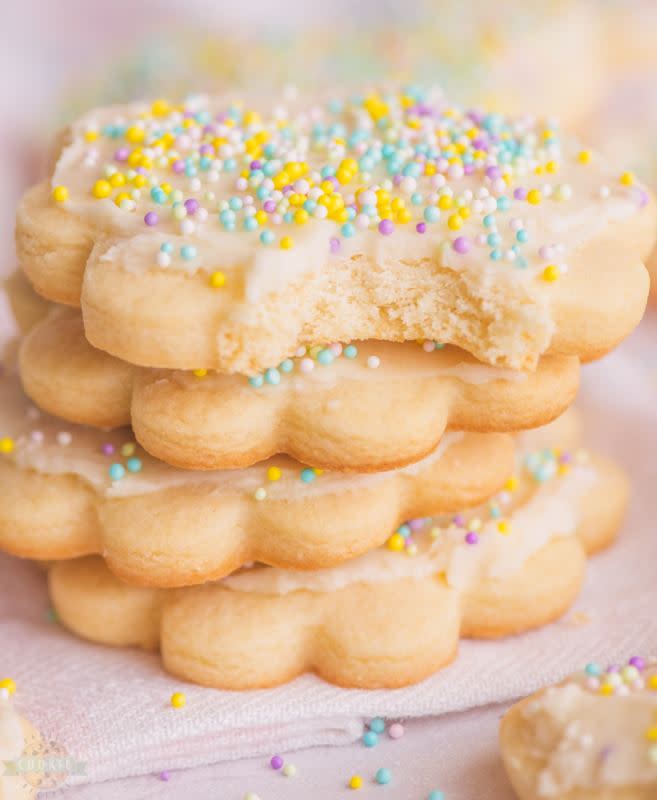 <p> Family Cookie Recipes</p><p>All butter sugar cookies are soft and sweet cookies topped with a buttery vanilla frosting. Easy sugar cookie recipe made with simple pantry ingredients that yields about a dozen cookies.</p><p><strong>Get the recipe: <a href="https://familycookierecipes.com/butter-sugar-cookies/" rel="nofollow noopener" target="_blank" data-ylk="slk:Butter Sugar Cookies;elm:context_link;itc:0;sec:content-canvas" class="link rapid-noclick-resp"><em>Butter Sugar Cookies</em></a></strong></p>