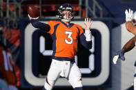 Denver Broncos quarterback Drew Lock (3) throws against the Miami Dolphins during the first half of an NFL football game, Sunday, Nov. 22, 2020, in Denver. (AP Photo/Jack Dempsey)
