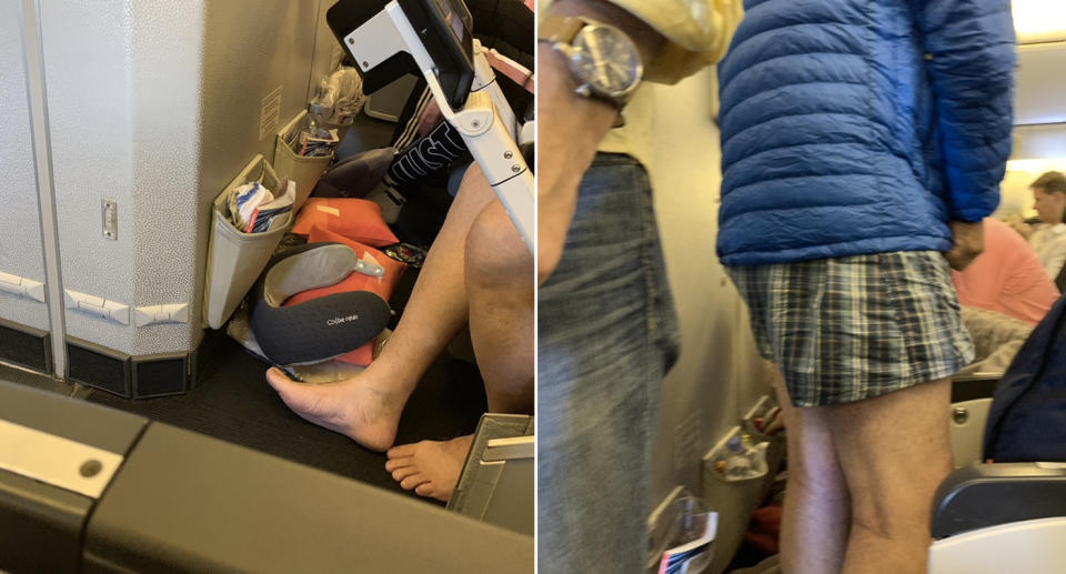 The man took his socks and pants off after take-off. Source: Twitter/Lizzie Thompson