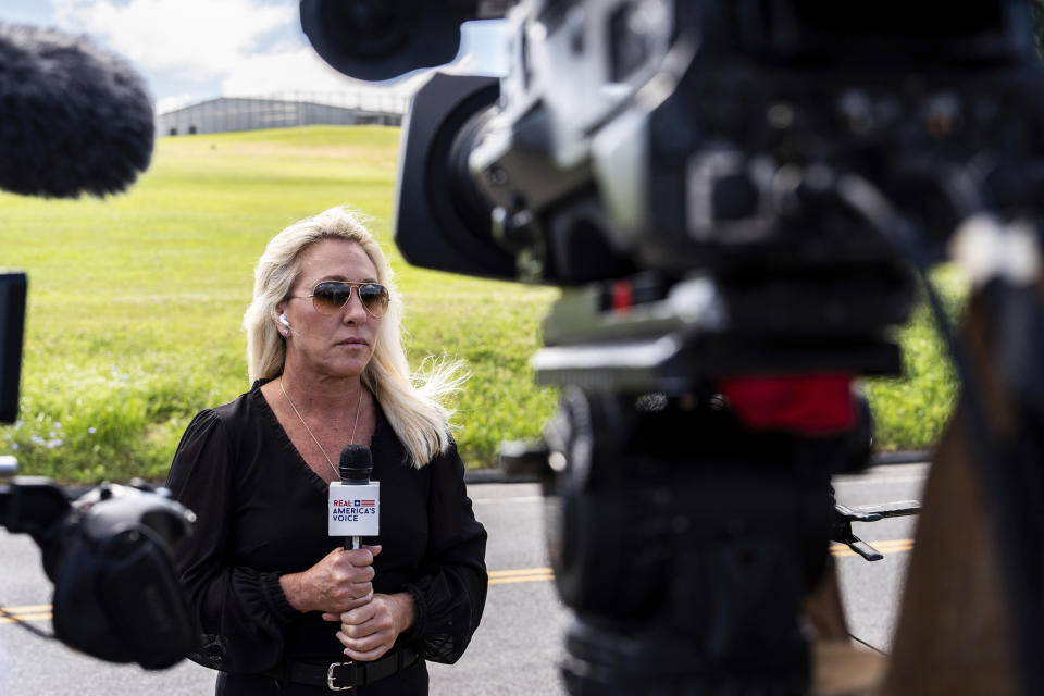 Rep. Marjorie Taylor Greene, R-Ga., speaks outside Danbury Federal Correctional Institution, Monday, July 1, 2024, in Danbury, Conn. Longtime Trump ally Steve Bannon is scheduled to report to federal prison in Connecticut to serve a four-month sentence on contempt charges for defying a subpoena in the congressional investigation into the U.S. Capitol attack. (AP Photo/Julia Nikhinson)