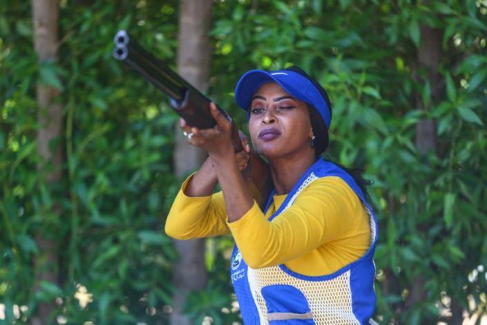 Athlete competes in the shooting championship with shotgun in Khartoum, Sudan on November 04, 2022.