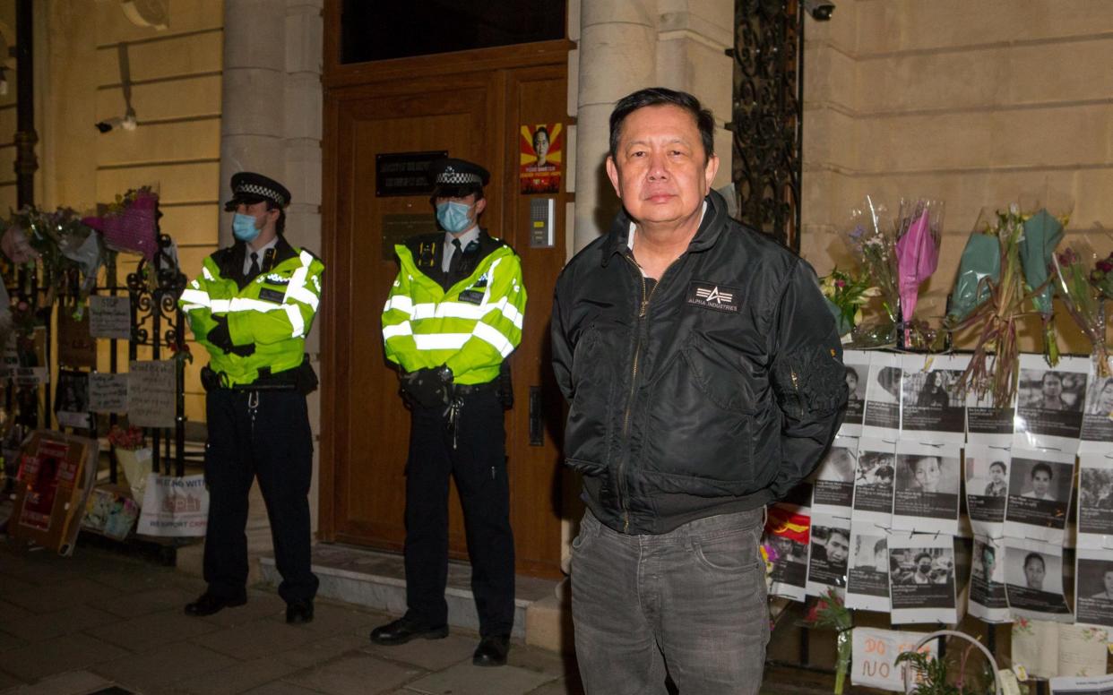 Kyaw Zwar Minn, Myanmar's ambassador to the UK stands outside the London embassy - Jamie Lorriman