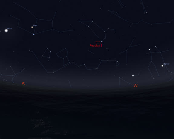 This Stellarium sky map shows the position of the star Regulus in the constellation Leo as it will appear in the southwestern sky, 90 degrees to the right of the moon, at 2 a.m. EDT on March 20, 2014. Regulus will appear roughly as high as the