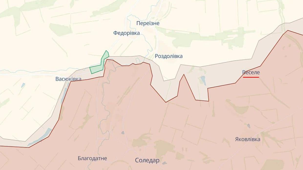 The village of Vesele in Donetsk Oblast (with the red underline in the middle-right part of the image). Screenshot: Deepstatemap