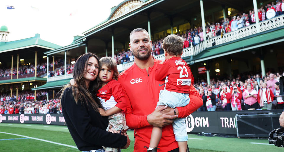 Seen here, Buddy Franklin with his wife Jesinta and their two kids during his AFL farewell at the SCG in 2023.
