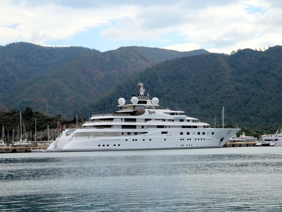 149-metre luxurious Topaz yacht owned by Manchester City football club owner, Sheikh Mansour bin Zayed Al Nahyan, arrives at Marmaris Harbour in Mugla, Turkey on April 23, 2017.