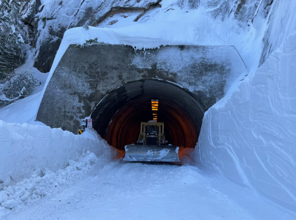 A snow plow clearing the tunnel entrance to Yosemite National Park on March 6, 2023. A massive winter storm closed the park on Feb. 26 and it was not anticipated to reopen until at least March 13.
