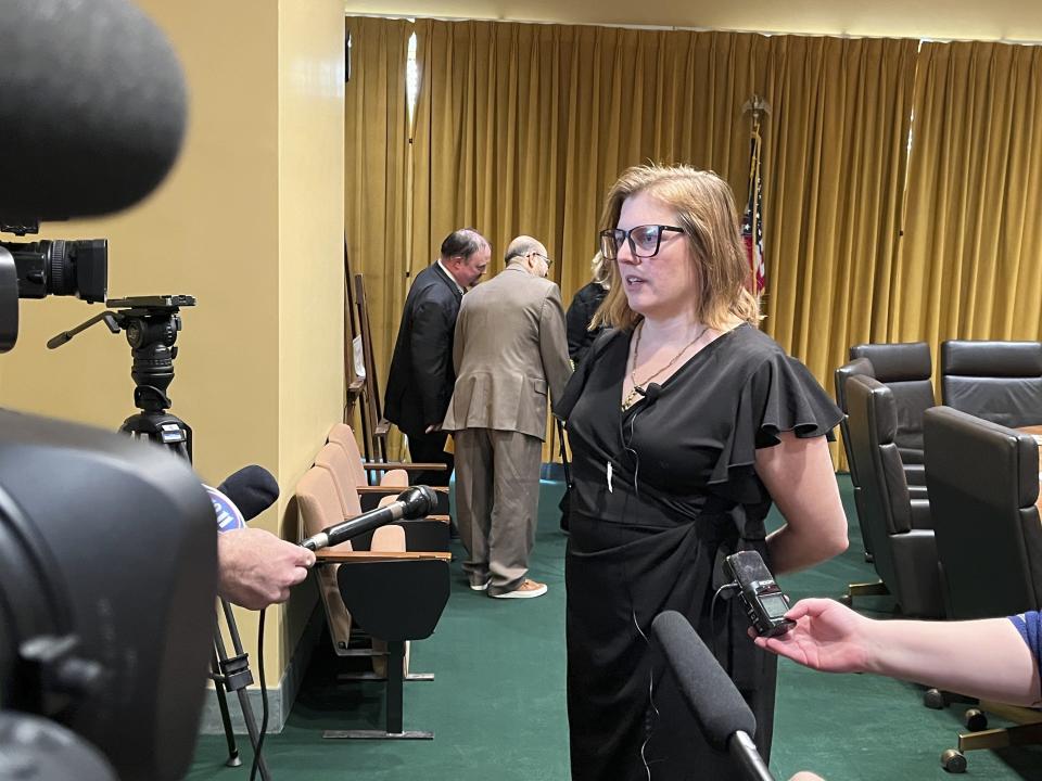 Nebraska state Sen. Machaela Cavanaugh speaks to reporters Thursday, March 18, 2024, following a hearing of the Legislature's Executive Board on a measure that would censure Republican state Sen. Steve Halloran for remarks he made on the legislative floor March 18. (AP Photo/Margery Beck)