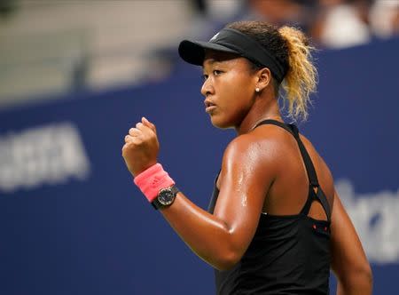 Sept 8, 2018; New York, NY, USA; Naomi Osaka of Japan reacts after winning a point against Serena Williams of the USA in the women’s final on day thirteen of the 2018 U.S. Open tennis tournament at USTA Billie Jean King National Tennis Center. Robert Deutsch-USA TODAY Sports