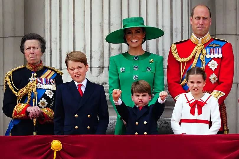 Kate with Princess Anne, Prince William and her children on the Buckingham Palace balcony after Trooping the Colour 2023