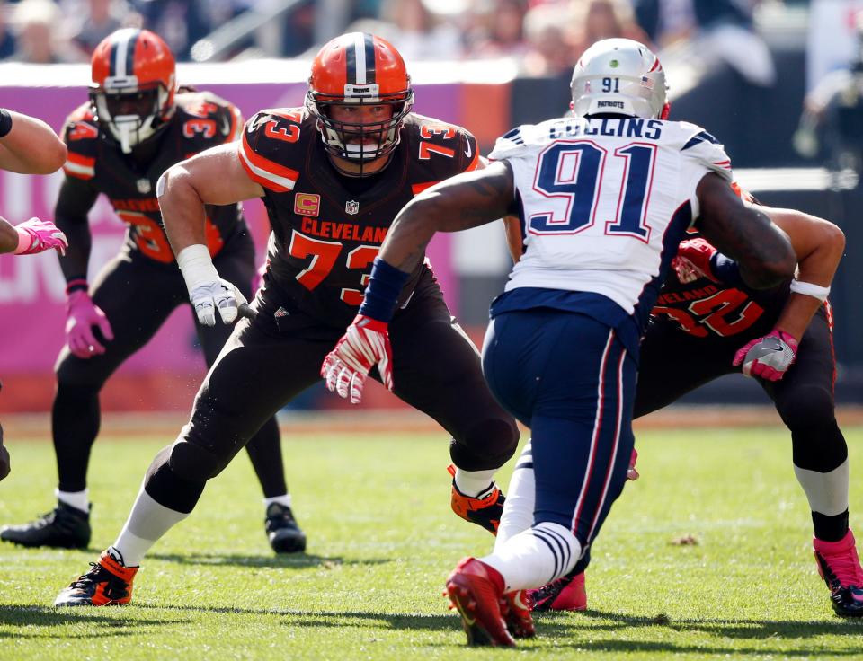 FILE - In this Oct. 9, 2016, file photo, Cleveland Browns' Joe Thomas (73) looks to block New England Patriots' Jamie Collins (91) during the first half of an NFL football game in Cleveland. Thomas, a nine-time Pro Bowl left tackle, expressed his strong desire to remain with the team, rather than be traded to a contender. Thomas' name has been floated around the league in advance of the trade deadline on Nov. 1. (AP Photo/Ron Schwane, File)