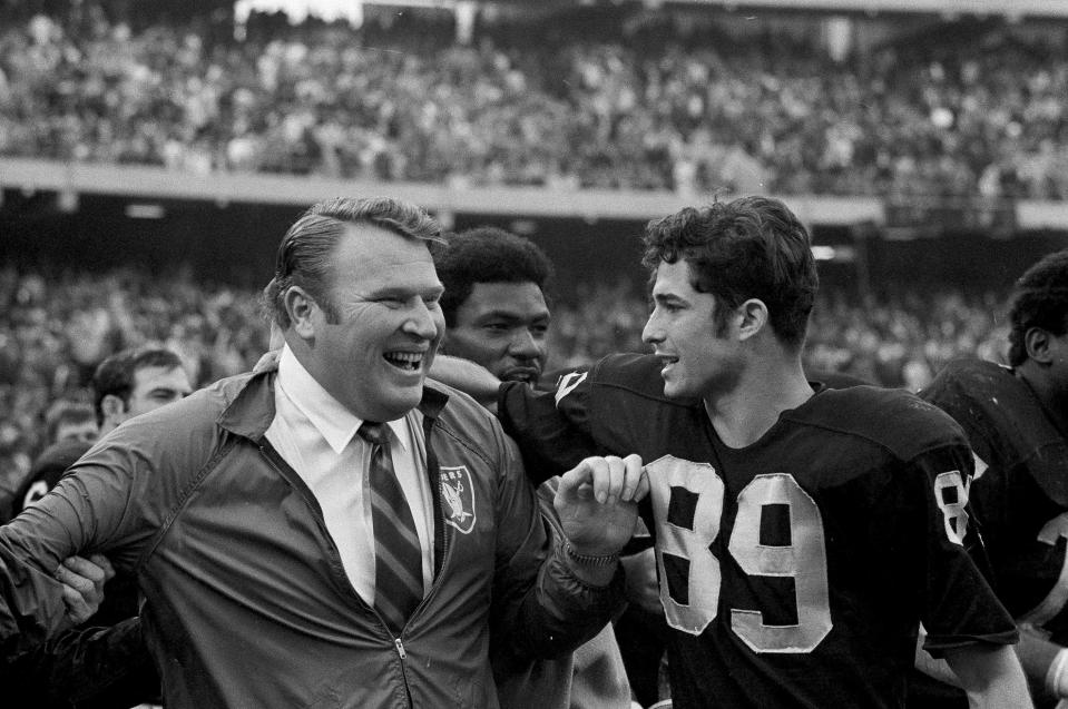 Oakland Raiders head coach John Madden is all smiles after his team defeated the Kansas City Chiefs, 10-6,  on Dec. 15, 1969.