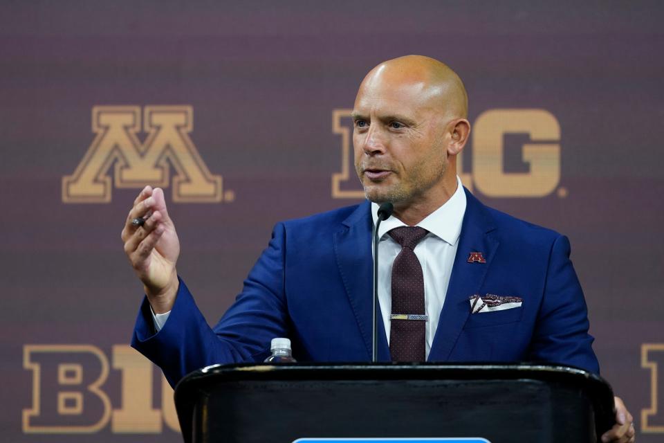 Minnesota head coach P.J. Fleck talks to reporters at the Big Ten Conference media days,  July 26, 2022, in Indianapolis.
