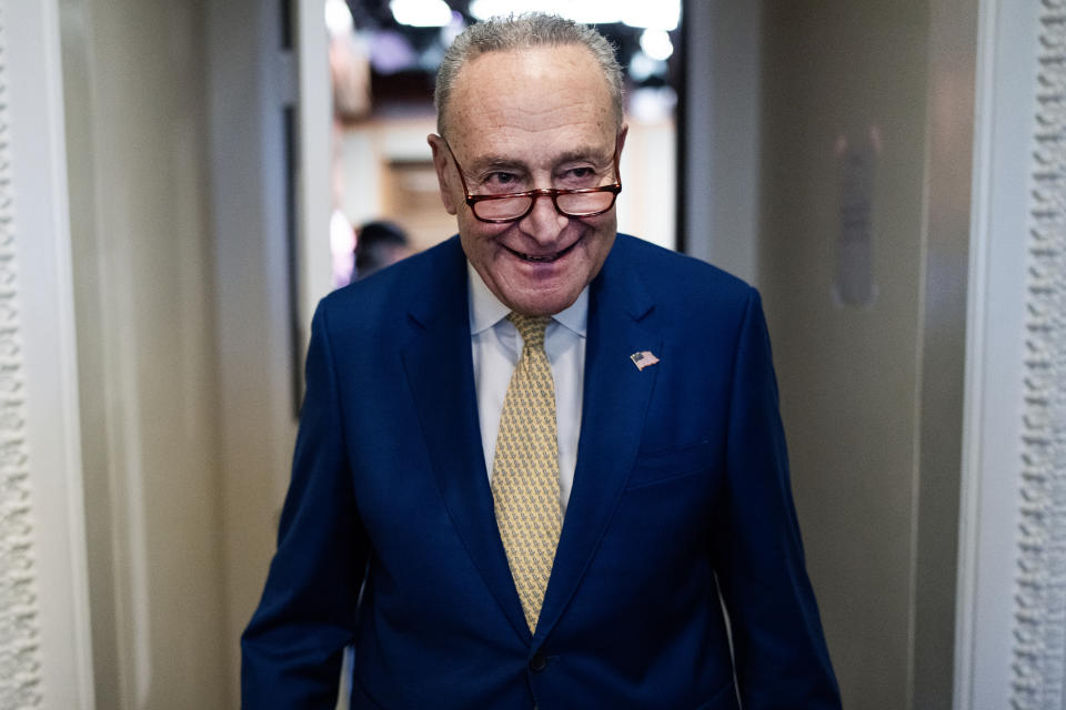 Senate Majority Leader Charles Schumer concludes a news conference after the Senate passed a bill to send foreign aid to Ukraine.