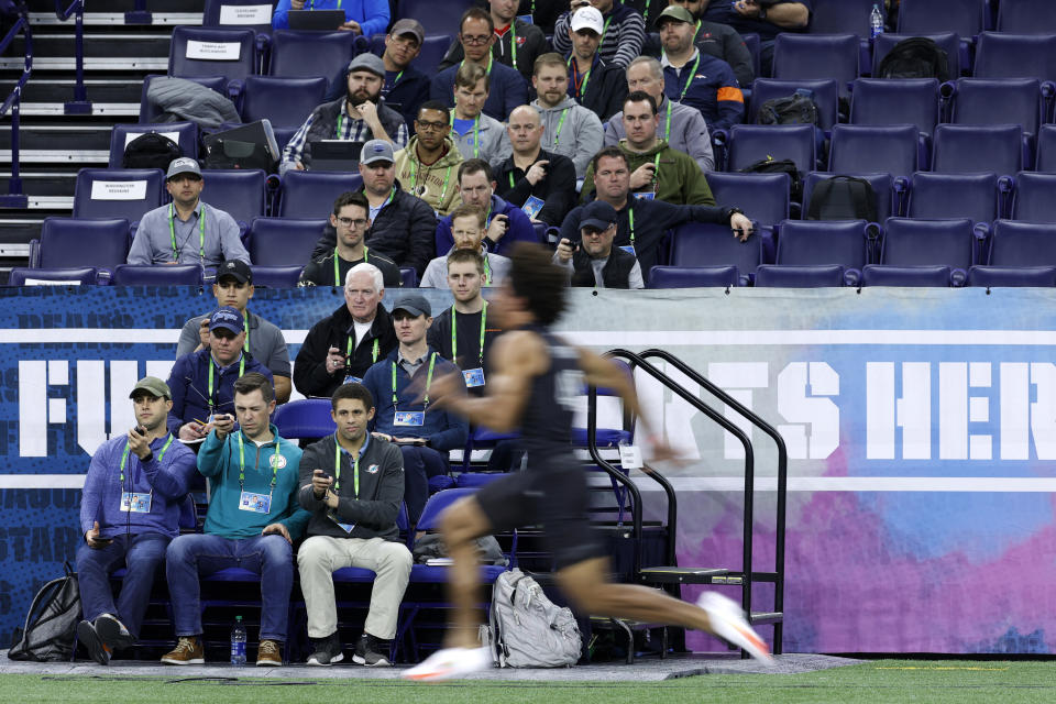 NFL scouts typically time the 40-yard dash during the NFL Scouting Combine at Lucas Oil Stadium, but that might not happen this year. (Photo by Joe Robbins/Getty Images)