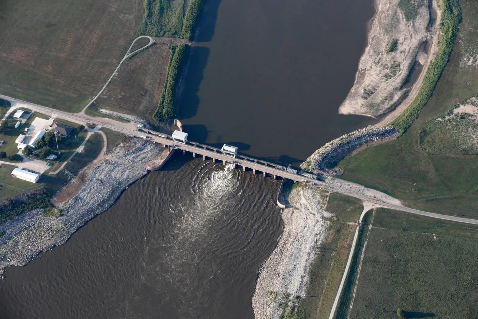 The Old River Control Structure regulates the flow of water leaving the Mississippi River into the Atchafalaya River in Vidalia, Louisiana.