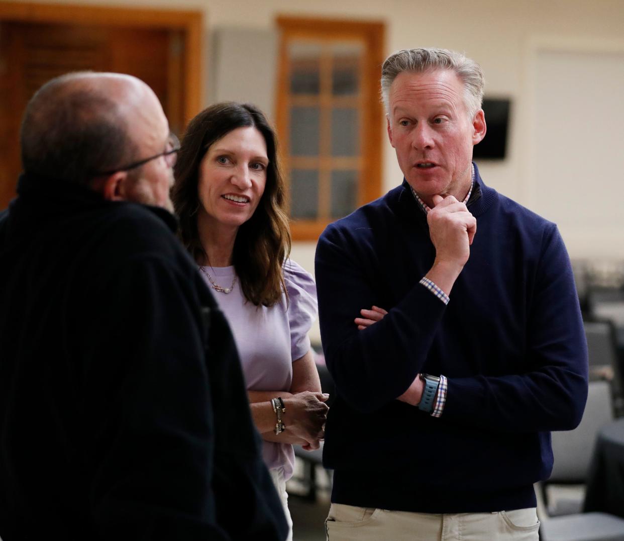 From left, Committee Campaign Treasurer Dub Wade, Stephanie Massengale and husband Mayoral Candidate Steve Massengale talk after the watch party. Candidates were monitoring the election results at various watch parties on Saturday, May 4, 2024.