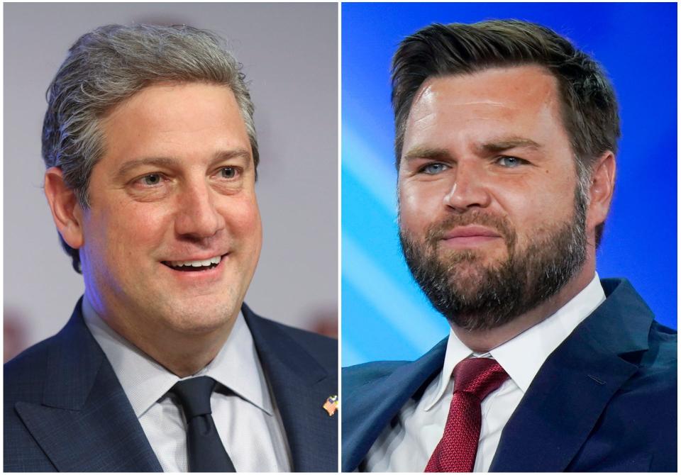 This combination of photos shows Ohio Democratic Senate candidate Rep. Tim Ryan, D-Ohio, on March 28, 2022, in Wilberforce, Ohio, left, and Republican candidate JD Vance on Aug. 5, 2022, in Dallas. (AP Photo)