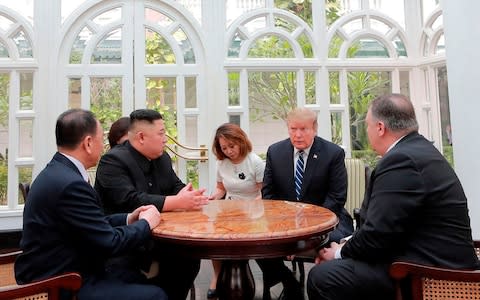 Kim Jong-un meets with Donald Trump at the Metropole hotel - Credit: HOGP/KCNA via KNS
