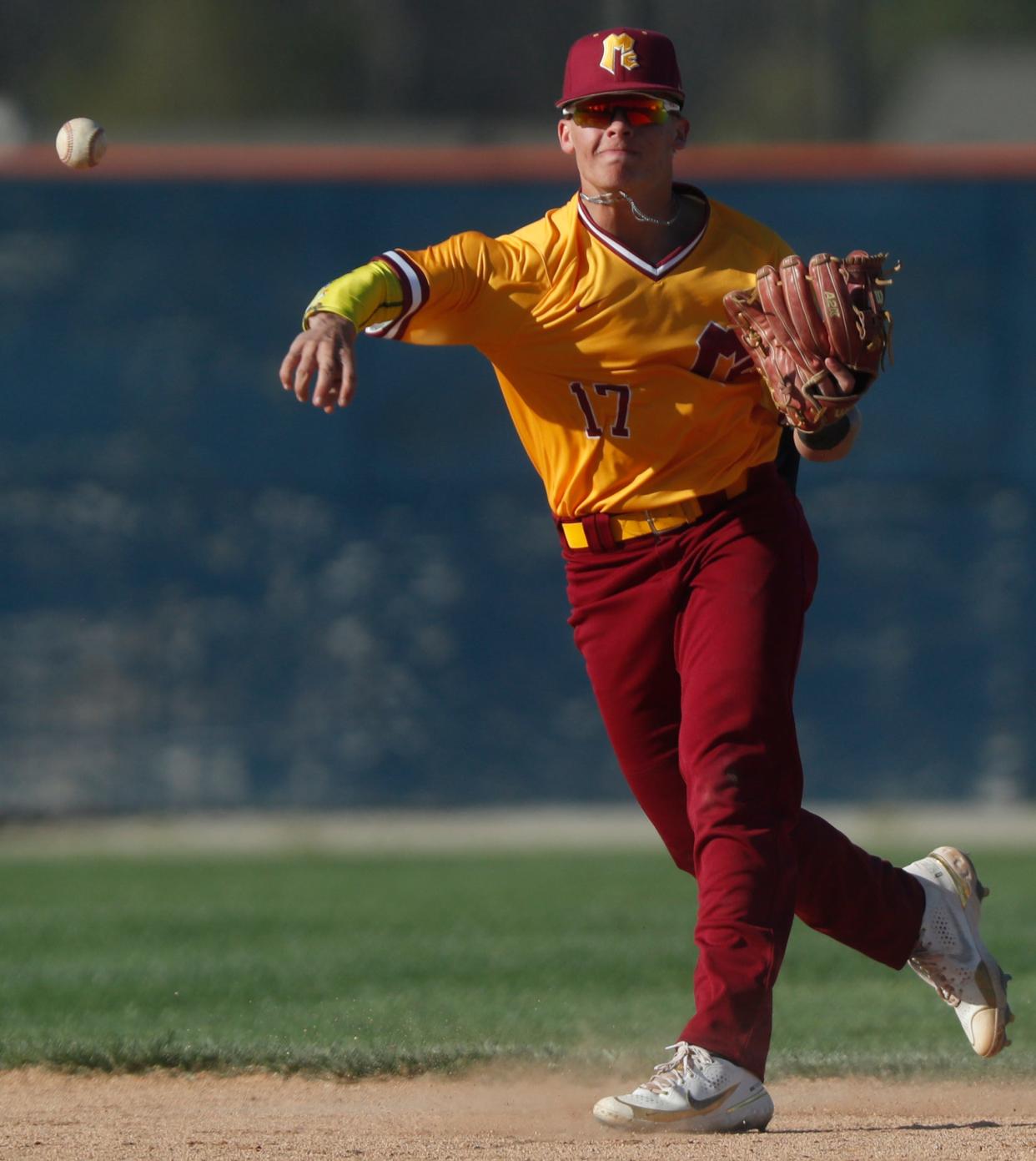 McCutcheon Mavericks Logan Marsell (17) throws the ball during the IHSAA baseball game against the Harrison Raiders, Tuesday, April 18, 2023, at Harrison High School in West Lafayette, Ind. Harrison Raiders won 6-0.