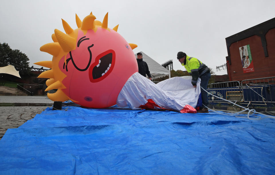 A Boris blimp is inflated at Castlefield Bowl, Manchester as part of the Reject Brexit defend our democracy protest. (Photo by Peter Byrne/PA Images via Getty Images)