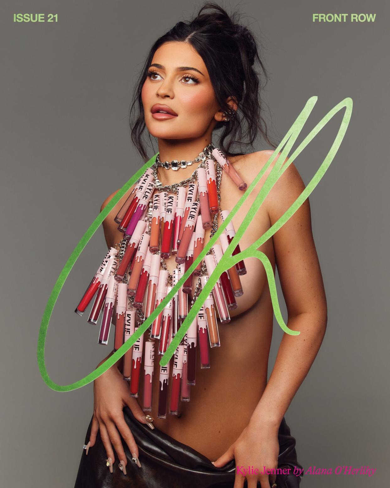 Kylie Jenners wears Kylie Lip Kit halter top for CR Fashion Book cover