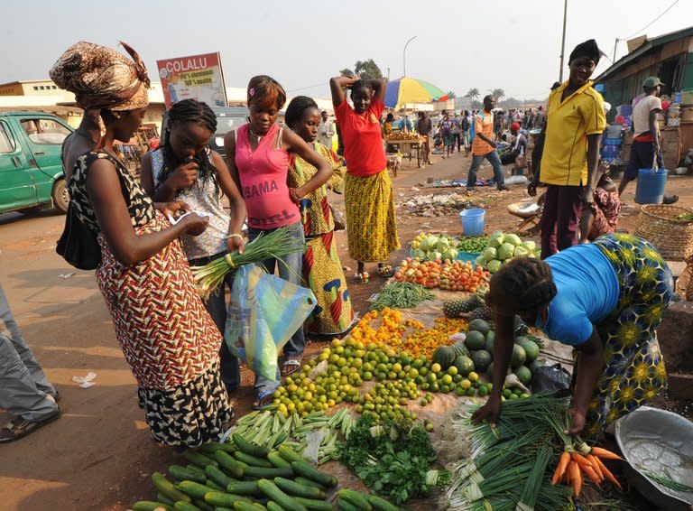 Women buy vegetables in a market in Bangui, Central African Republic last month. Global food prices fell by 7.0 percent in 2012 from the level the previous year, the UN's Food and Agriculture Organisation said on Thursday, assuaging worries a few months ago that the world could be heading for a food crisis