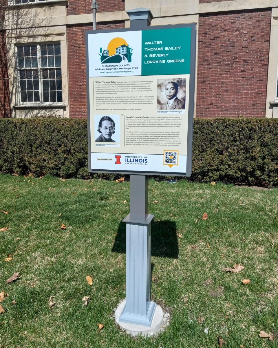 Walter Thomas Bailey & Beverly Lorraine Green marker. Photo credit to the Champaign County African American Heritage Trail.