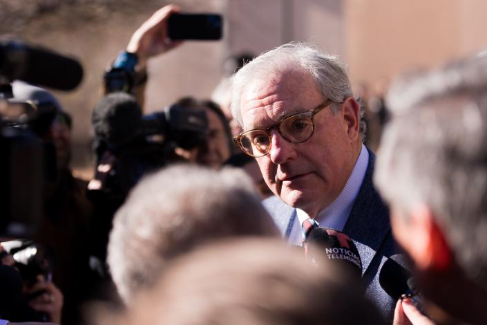 Former El Paso Mayor Dee Margo talks to the media after he walks out of the Albert Armendariz Sr. Federal Courthouse in El Paso, Texas on Wednesday, Feb. 8, 2023 after Patrick Crusius, the shooting suspect, pleads guilty to 90 federal charges in connection with the Aug. 3, 2019 shooting at Cielo Vista-area Walmart in El Paso, Texas.