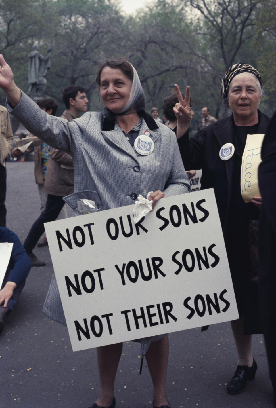 Two older women making peace signs during anti-Vietnam war march on&amp;nbsp;April 27, 1968.