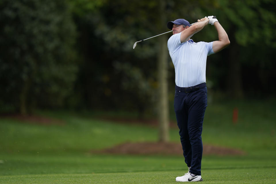 Rory McIlroy, of Northern Ireland, hits from the fairway on the 12th hole during the second round of the Wells Fargo Championship golf tournament at Quail Hollow Friday, May 10, 2024, in Charlotte, N.C. (AP Photo/Erik Verduzco)