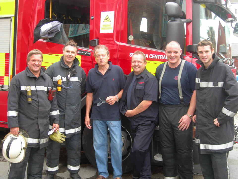 A photo of Mid and West Wales Fire and Rescue Service of (left to right), Stuart Taylor, Gary Williams, actor Leslie Grantham, Adrian Jenkins, Jason Woodman and Simon Bray. (PA)