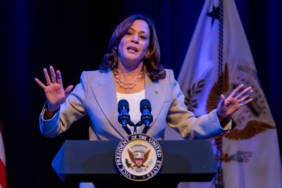 Vice President Kamala Harris speaks on July 21 to an audience inside Jacksonville's Ritz Theatre and Museum.
