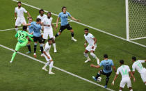 <p>Mohammed Al Owais flaps at a corner leaving Luis Suarez to score in front of an open goal </p>