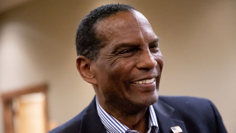 Rep. Burgess Owens, R-Utah, talks to constituents after a town hall meeting at City Hall in Eagle Mountain on Aug. 31, 2021. Owens said he is endorsing former President Donald Trump in his bid to run for president again.