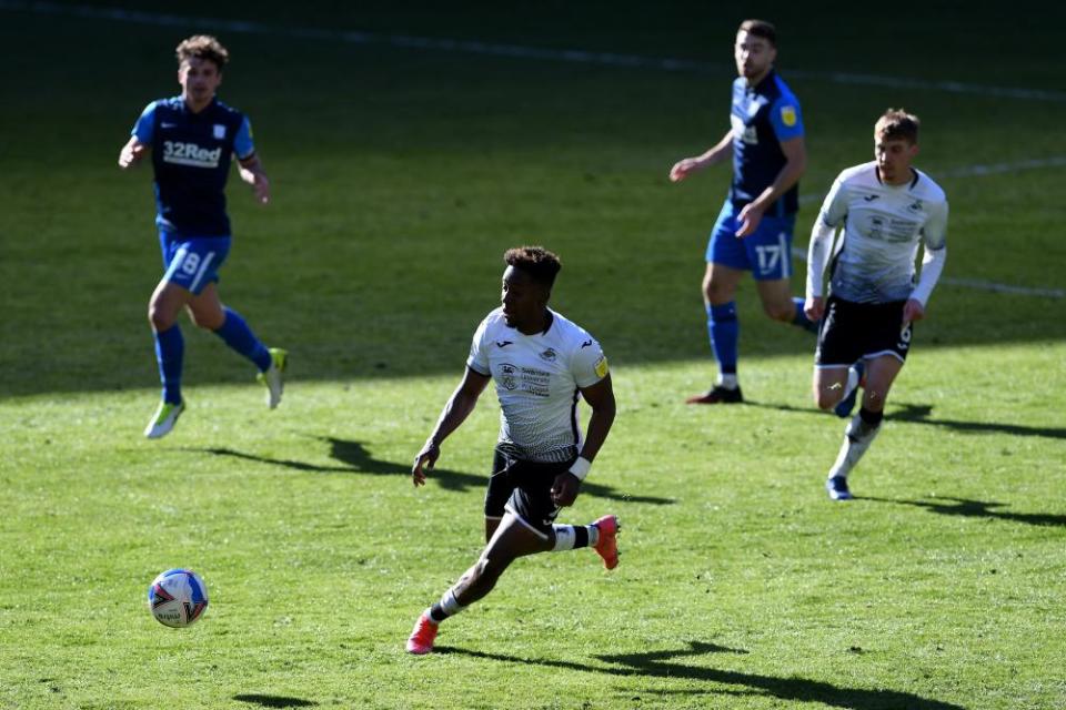 Jamal Lowe, in action against Preston this month, is among the Swansea players who have been racially abused.