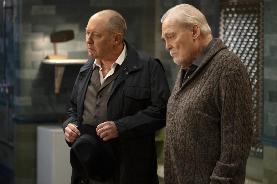 THE BLACKLIST -- "The Hyena" Episode 1004 -- Pictured: (l-r) James Spader as Raymond "Red" Reddington, Stacy Keach as Robert Vesco -- (Photo by: Scott Gries/NBC)