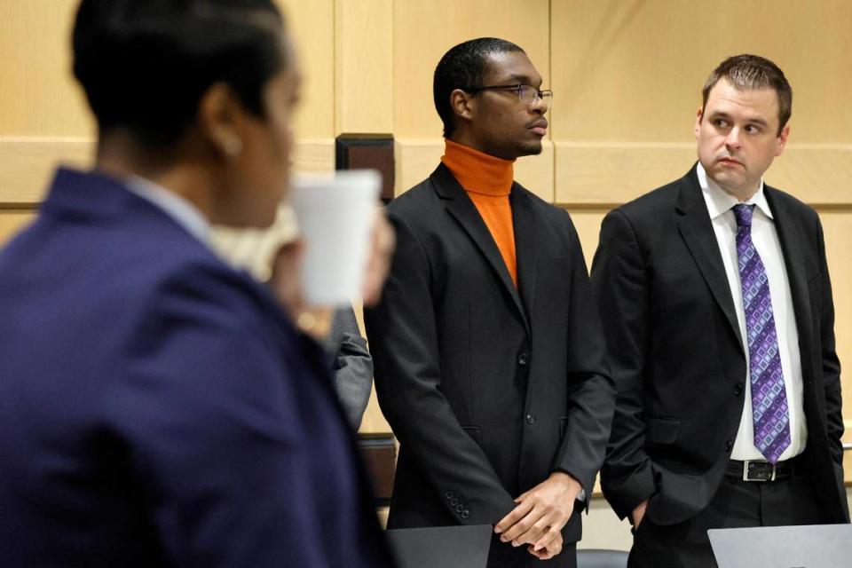 A defendant in the shooting, Michael Boatwright stands for the jury to enter the courtroom for closing arguments in the XXXTentacion murder trial at the Broward County Courthouse in Fort Lauderdale on Tuesday, March 7, 2023. Emerging rapper XXXTentacion, born Jahseh Onfroy, 20, was killed during a robbery outside of Riva Motorsports in Deerfield Beach in 2018 allegedly by defendants Michael Boatwright, Trayvon Newsome, and Dedrick Williams.