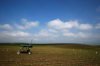 The prototype of an autonomous weeding machine by Swiss start-up ecoRobotix is pictured during tests on a sugar beet field near Bavois, Switzerland May 18, 2018. REUTERS/Denis Balibouse