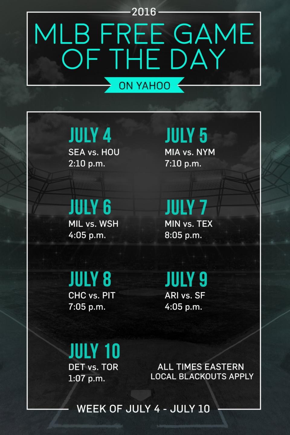 This week's MLB Free Game of the Day schedule. (Yahoo Sports)