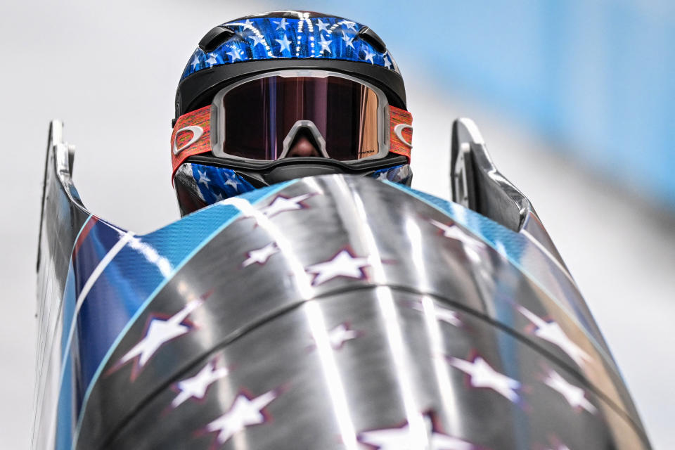 USA's Kaillie Humphries competes in the women's monobob event at Yanqing National Sliding Centre during the Beijing 2022 Winter Olympic Games in Yanqing on February 10, 2022. (DANIEL MIHAILESCU/AFP via Getty Images)