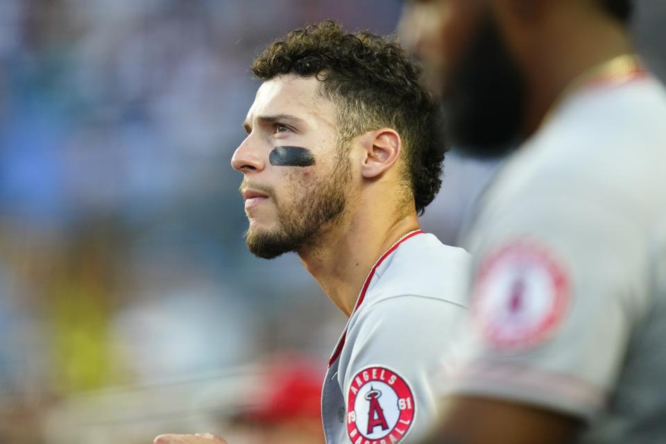 Los Angeles Angels' Andrew Velazquez watches during the third inning of a baseball game against the New York Yankees Tuesday, May 31, 2022, in New York. (AP Photo/Frank Franklin II)