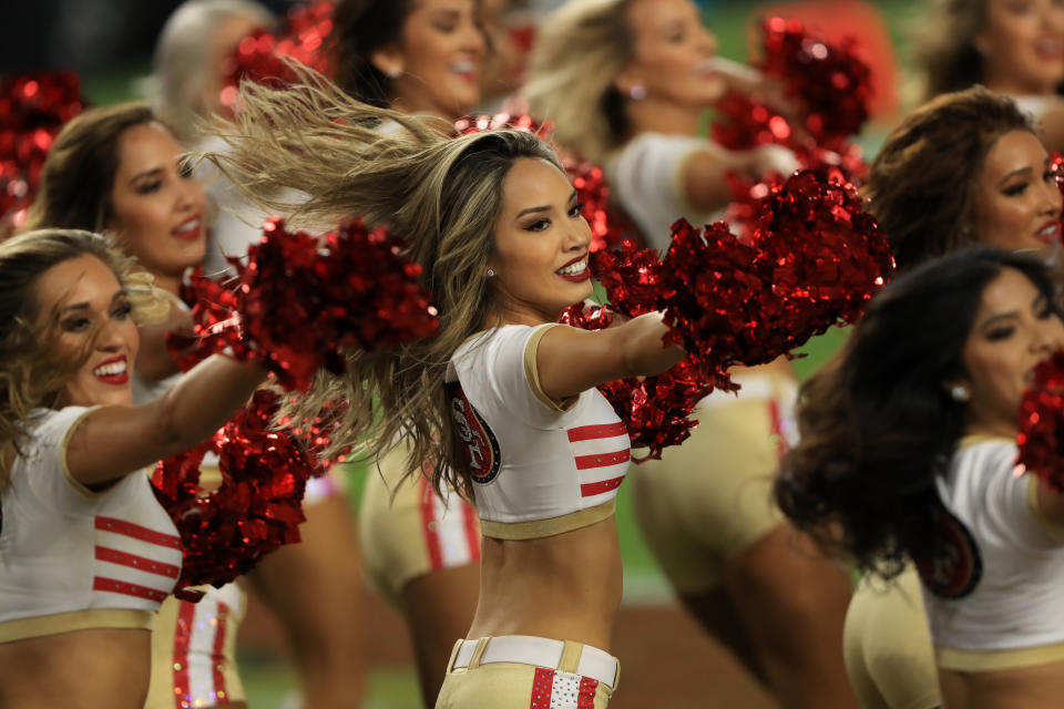 MIAMI, FLORIDA - FEBRUARY 02: The San Francisco 49ers Gold Rush perform against the Kansas City Chiefs during the second quarter in Super Bowl LIV at Hard Rock Stadium on February 02, 2020 in Miami, Florida. (Photo by Sam Greenwood/Getty Images)