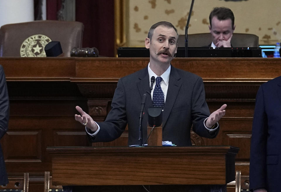 Rep. Andrew Murr, R - Junction, Chair of the House General Investigating Committee speaks during the impeachment proceedings against state Attorney General Ken Paxton in the House Chamber at the Texas Capitol in Austin, Texas, Saturday, May 27, 2023. Texas lawmakers have issued 20 articles of impeachment against Paxton, ranging from bribery to abuse of public trust as state Republicans surged toward a swift and sudden vote that could remove him from office. (AP Photo/Eric Gay)