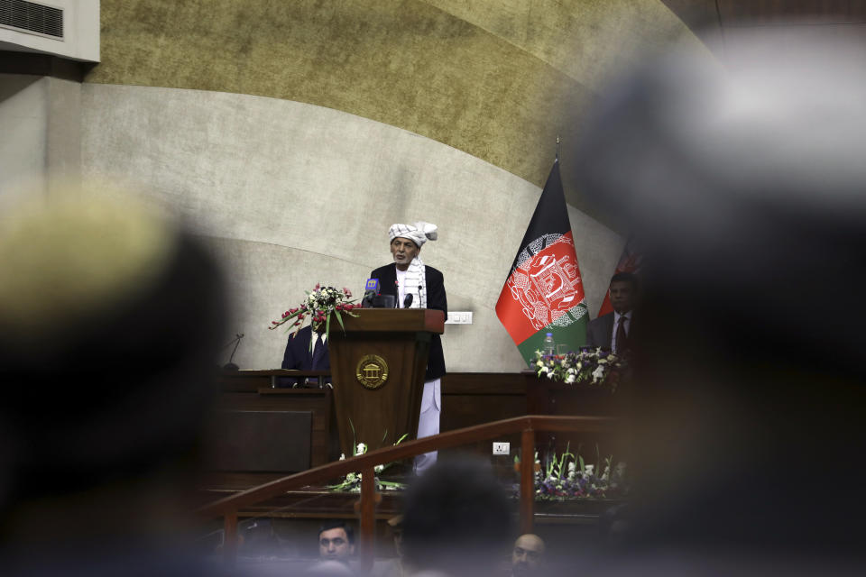 Afghan President Ashraf Ghani speaks at the extraordinary meeting of the Parliament in Kabul, Afghanistan, Monday, Aug. 2, 2021. (AP Photo/Rahmat Gul)