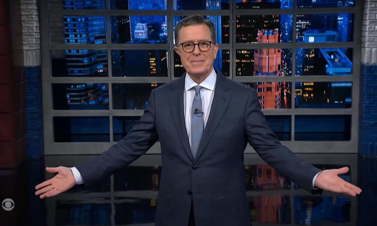 <span>Stephen Colbert on Trump’s hush-money trial: ‘We are reminded that though the wheels of justice may turn slowly, eventually a panel of impartial citizen jurors will do the indispensable public service of listening to testimony about Donald Trump’s mushroom dong.’</span><span>Photograph: YouTube</span>